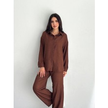 Konfor Modeli Palazzo Ikili Ham Keten Alt Üst Takım Gömlek Pantolon Tunik 2'li Şık Tesettür Takım