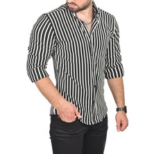 Deepsea Slim Fit Dar Kesim Çizgili Spor Gömlek Pamuklu Likralı Gömlek 2501112