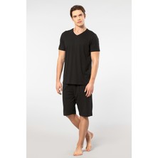 Cacharel 2193 Erkek Kısa Kollu V Yaka Şortlu Pijama Takımı-Siyah