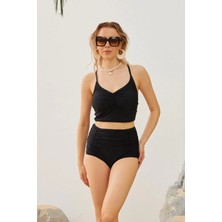 Yüksek Bel Büzgülü Model Toparlayıcı Siyah Bikini Takımı