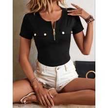 Mall Of Gkc Kadın Kısa Kollu Fermuarlı Cep Detay Kaşkorse Bluz