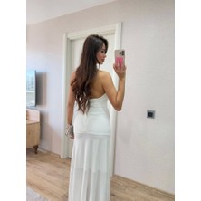 Yeni Sezon Sırt Dekolteli Boyundan Bağlamalı Astarlı Kolsuz Drapeli Uzun Beyaz Elbise Abiye Nikah