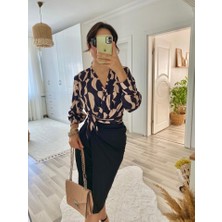 Mall Of Gkc Kadın Uzun Kollu Kruvaze Yaka Dijital Baskılı Fiyonk Detay Dalgıç Kumaş Elbise