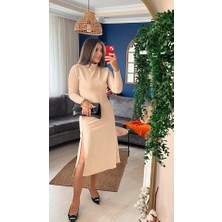 Mall Of Gkc Kadın Uzun Kollu Balıkçı Yaka Derin Yırtmaç Detay Krep Elbise