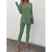 Mall Of Gkc Kadın Uzun Kollu V Yakalı Bluz Alt Tayt Şardonlu Kaşkorse Ikili Takım