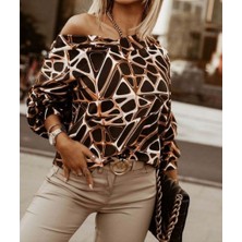 Mall Of Gkc Kadın Uzun Kollu V Yaka Düşük Omuz Geometrik Desen Şardonlu Dalgıç Bluz