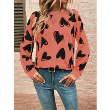 Mall Of Gkc Kadın Uzun Kollu Bisiklet Yaka Kalp Desenli Iki Iplik Bluz