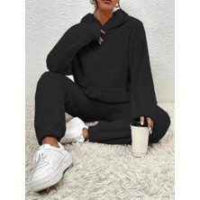 Mall Of Gkc Kadın Uzun Kollu Kapşonlu Önden Cepli Peluş Alt ve Üst Ikili Takım