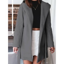 Mall Of Gkc Kadın Uzun Kollu Belden Kuşaklı Kapşonlu Kısa Kaşe Kaban