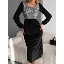 Mall Of Gkc Kadın Fırsat Ürünü Leopar Desen Pul Payet Işlemeli Midi Boy Kadife Kumaş Elbise