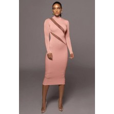 Mall Of Gkc Kadın Balıkçı Yaka Uzun Kollu Asimetrik Tül Dekolteli Dırsat Ürün Midi Boy Elbise