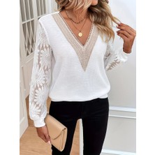 Mall Of Gkc Kadın Uzun Kollu V Dantel Yaka Waffle Bluz