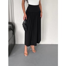 Yüksek Bel Yumuşak Dokulu Beli Lastikli Maxi Boy Uzun Çan Modeli Sandy Etek Siyah Kloş Etek Tesettür