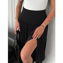Yüksek Bel Yumuşak Dokulu Beli Lastikli Maxi Boy Uzun Çan Modeli Sandy Etek Siyah Kloş Etek Tesettür