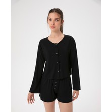 Ayma Active Kadın Siyah Volanlı Pijama Üstü - EcoVero™ Viskoz, Düğmeli, Geniş Yaka, Half-Crop, Manşet ve Etek Volanlı