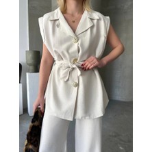 Mall Of Gkc Keten Sıfır Kol Kuşaklı Ceket Pantolon Ikili Takım - Beyaz