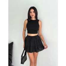 Konfor Modeli Beli Lastikli Pamuklu Ham Keten Yüksek Bel Kat Kat Mini Kloş Çan Modeli Şort Etek