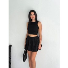 Konfor Modeli Beli Lastikli Pamuklu Ham Keten Yüksek Bel Kat Kat Mini Kloş Çan Modeli Şort Etek