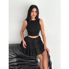 Konfor Modeli Beli Lastikli Pamuklu Ham Keten Yüksek Bel Kat Kat Mini Kloş Çan Modeli Şort Etek