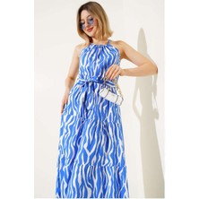 Is Berceste Kadın Zebra Saks Mavi Halter Yaka Kuşaklı Dokuma Viscon Elbise