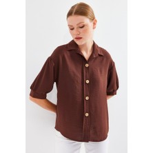 Mall Of Gkc Kısa Kol Oversize Keten Gömlek 20240 - Kahverengi