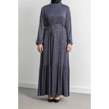 Etek Büzgü Detaylı Jakar Elbise - Gri - Es