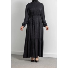 Etek Büzgü Detaylı Jakar Elbise - Siyah - Es