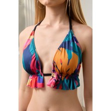 Bikini Üstü Üçgen Pileli Pembe Dev Yapraklı