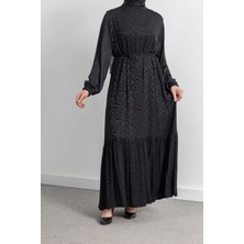 Etek Büzgü Detaylı Jakar Elbise - Siyah - Leopar