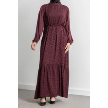 Etek Büzgü Detaylı Jakar Elbise - Bordo - Leopar