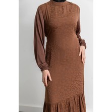 Etek Büzgü Detaylı Jakar Elbise - Taba - Leopar