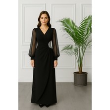 Beli Taşlı Şifon Kollu Krep Abiye Elbise 2784
