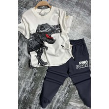 Erkek Çocuk Dinazor Digital Baskı ve Yazı Detaylı T-Shirt Siyah Eşofman Takım
