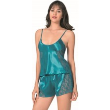 Is Berceste Primoda Petrol Dantelli Saten Babydoll Şort Takım Gecelik