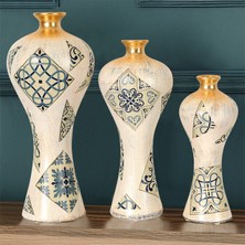3'lü Elegance Vazo Seti - Seramik Mavi Etnik Desenli Dekoratif Vazo