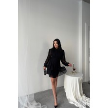 Mall Of Gkc Şifon Katlı Uzun Kol Elbise - Siyah