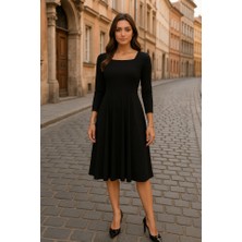 Mall Of Gkc Kadın Kare Yaka Truvakar  Kol Fırsat Ürün Midi Boy Elbise