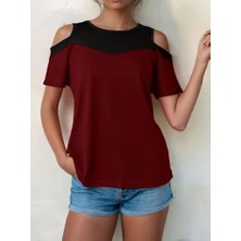 Mall Of Gkc Kadın Kısa Kollu Omuzlardan Açık Detaylı Çift Renkli Viskon Bluz