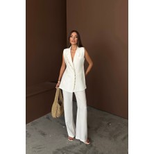 Mall Of Gkc Yaka Midye Kabuğu Sıralı Yelek - Pantolontakım Keten Kumaş - Beyaz