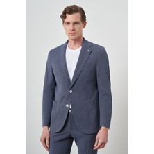  Erkek Lacivert Poliviskon Trend Çizgili Slim Fit Mono Yaka Takım Elbise
