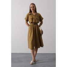 Mall Of Gkc Kuşaklı Cep Detaylı Yarım Kol Elbise - Yağ Yeşili