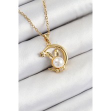 316L Çelik Inci Detaylı Hilal Tavşan Model Gold Renk Kadın Kolye