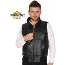 Deri Work Hakiki Deri Siyah Jack Beli Lastikli Erkek Deri Yelek