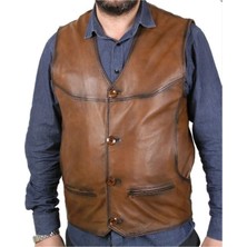 Deri Work Hakiki Deri Kahverengi Leon Düğmeli Erkek Deri Yelek