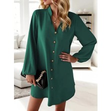 Mall Of Gkc Kadın Uzun Kollu V Yakalı Önden Düğmeli Kısa Sandy Elbise