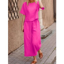 Günlük Rahat Beli Lastikli Kadın Keten Fuşya Ikili Takım Alt Üst