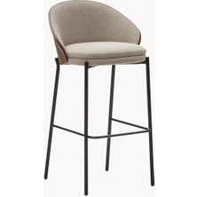 Eamy Chenille Kumaş Bar Sandalyesi - Bej Döşeme, Ahşap Sırtlık, Siyah Metal Ayaklı