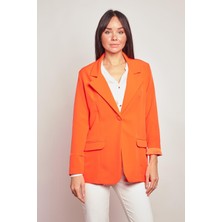 Yakalı Kolu Katlamalı Cep Kapaklı Salaş Boyfriend Oversize Hafif Likralı Kumaş Blazer Ceket-Koyu Oranj