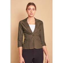 Yakalı Flato Cepli Capri Truvakar Kol Kısa Blazer Hafif Likralı Pamuklu Kumaş Ceket-Koyu Haki