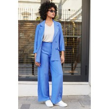 Kadın Ipeksi Dokulu Modal Kumaş Yakalı Cep Kapaklı Oversize Salaş Blazer Ceket-Indigo